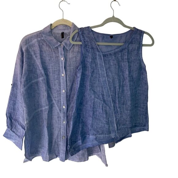 Inizio Womens Shirt Tank Set Size Small Blue Side Slits Button Down Pure Linen - Picture 3 of 8